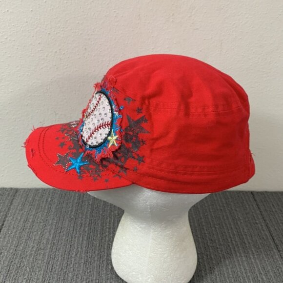 Baseball Cadet Hat Womens OS Red Distressed Embroidered Rhinestone Leader Loga - Picture 7 of 14